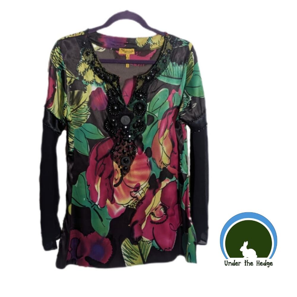 Y2K Bliss & Gratitude Black Bold Floral Beaded Flare Sleeve Blouse Top Small